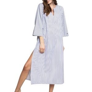 PLUME Women's Medium Navy French Ticking Stripe Cotton Midi Shift Caftan Dress